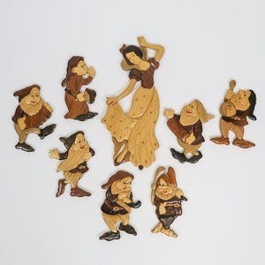 Vintage Snow White and the Seven 7 Dwarfs Hand Carved Wood Wall Hanging Plaques